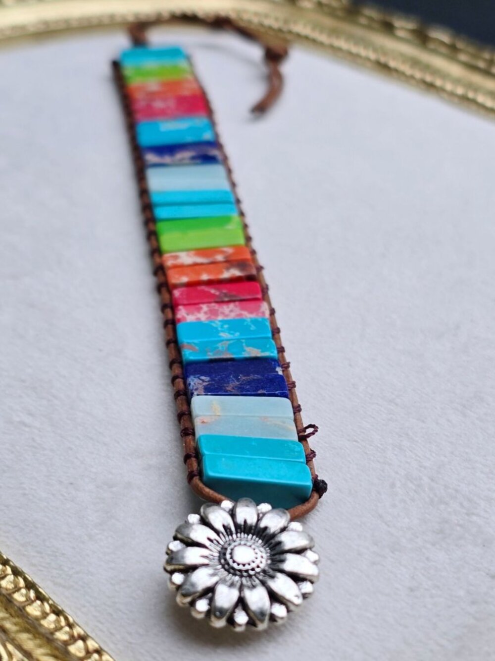 Handmade Multicolor Imperial Jasper Leather Wrap Flower Button Bracelet Alt NWT